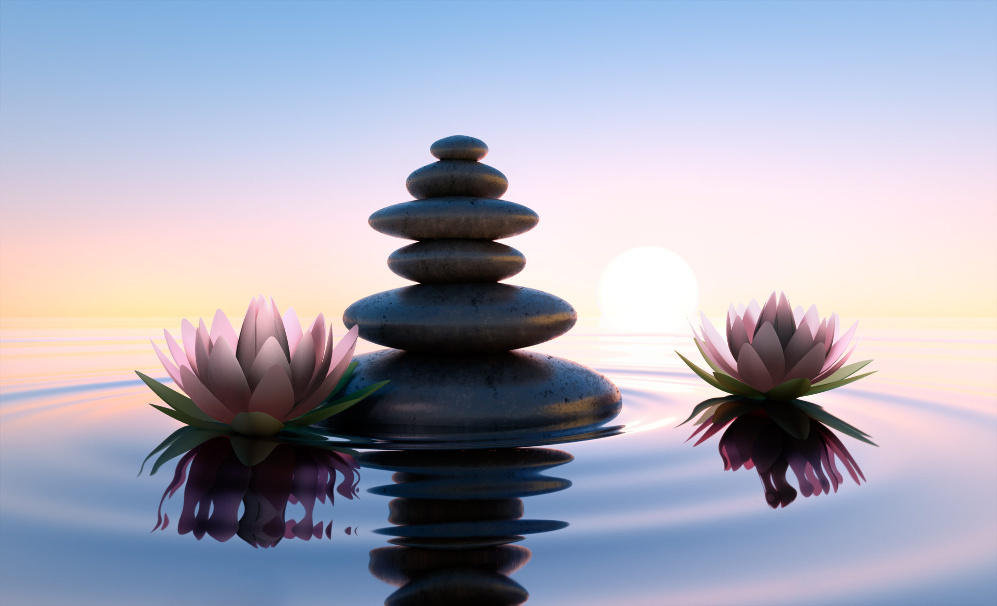 Stack of smooth pebbles on rippling water with two lotus flowers